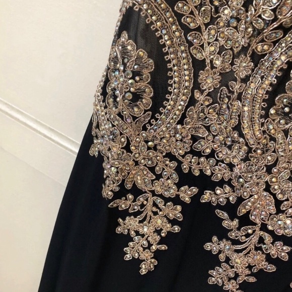 Black Gold Embellished Rhinestone Prom Engagement Gown - Picture 2 of 5
